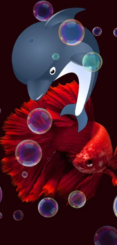 Dolphin and fish among bubbles on dark red background.