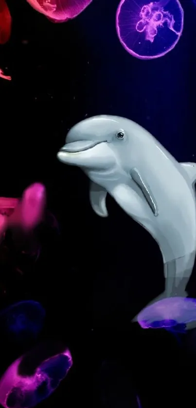 Dolphin amidst glowing jellyfish in dark ocean theme.