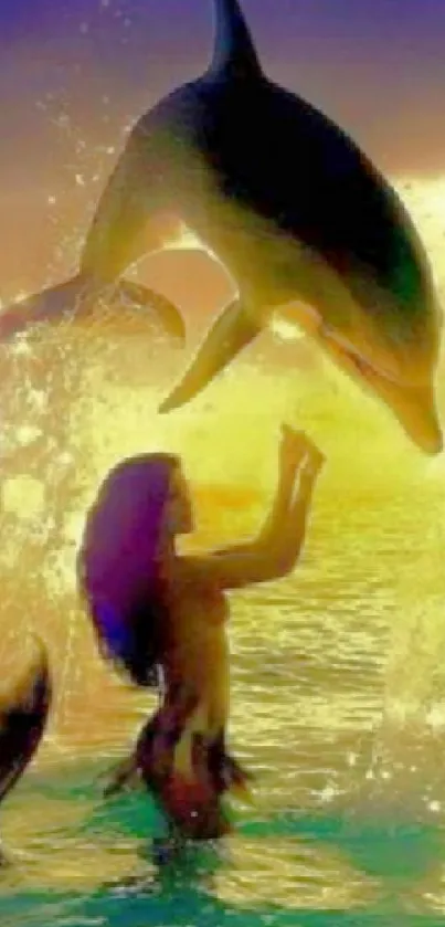 Mystical dolphin and mermaid at sunset in a vibrant ocean scene.