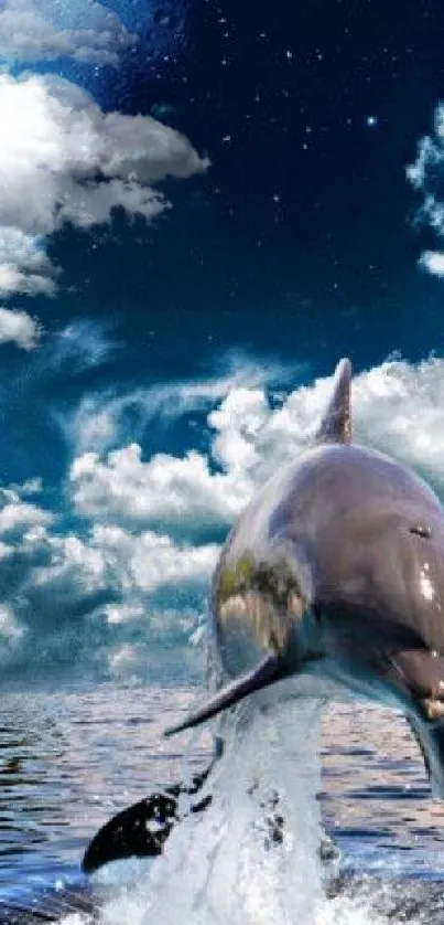 Fantasy wallpaper with a dolphin and blue planet over the ocean.