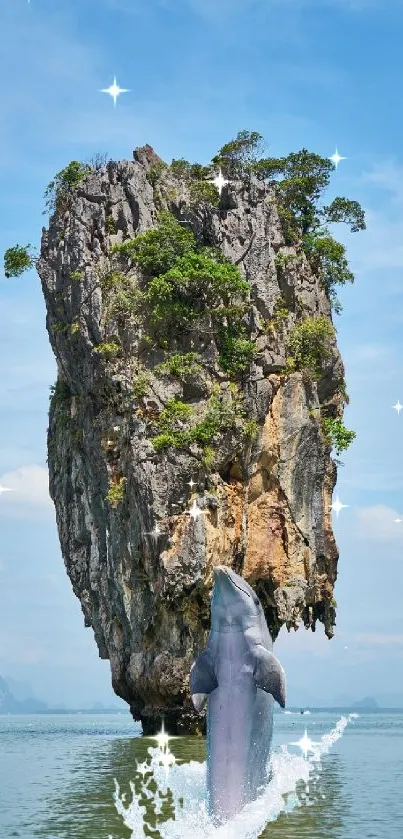 Dolphin jumps by scenic rock formation in the ocean under a clear blue sky.