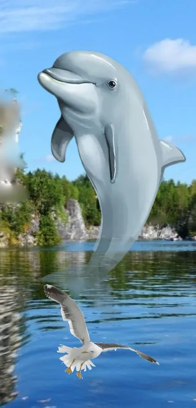 Leaping dolphin and flying seagull over a tranquil blue lake.