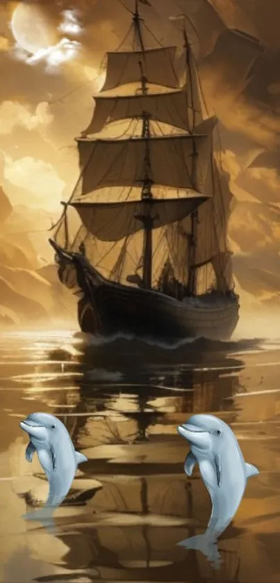 Sailing ship with dolphins in golden sea.