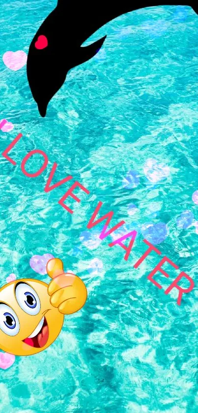Playful dolphin over turquoise water with emojis and text.