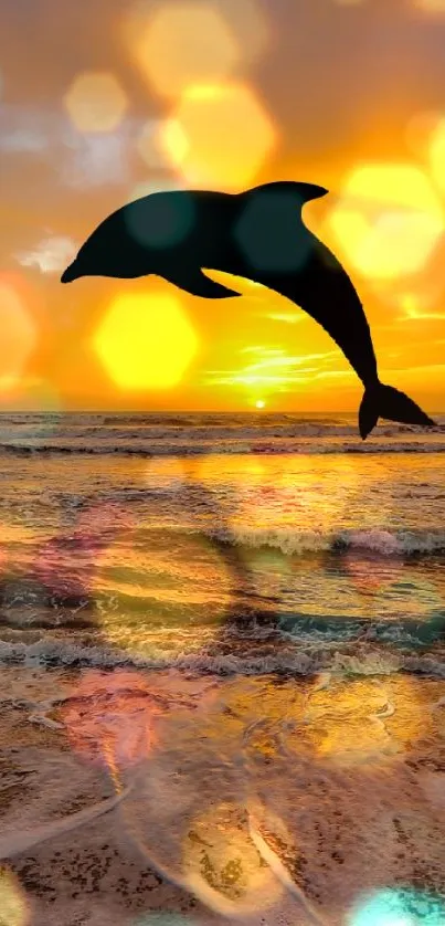 Dolphin leaping at sunrise over the ocean with vibrant orange sky.