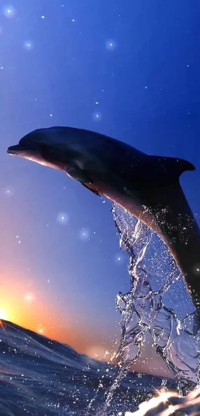 Dolphin leaping over waves against a sunset backdrop.