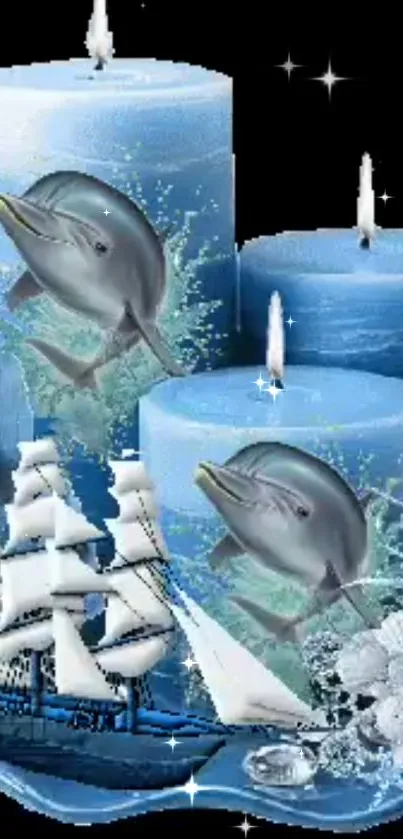 Dolphins with candles and a sailboat on a blue-themed wallpaper.