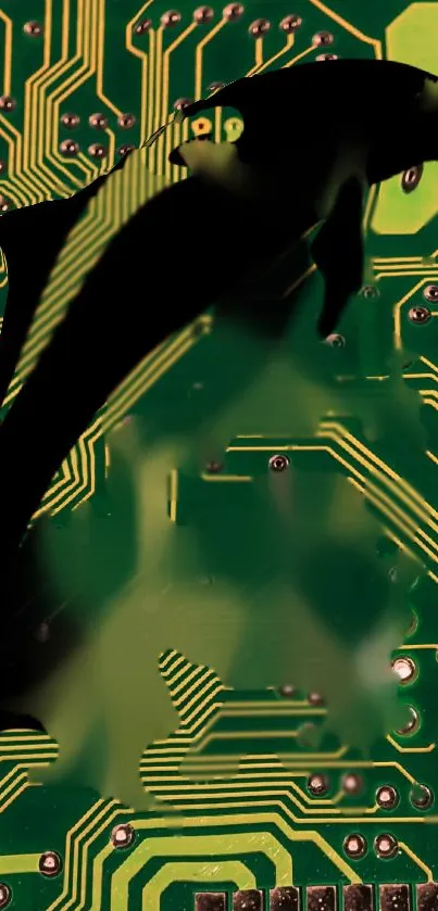 Dolphin silhouette on a green circuit board background.