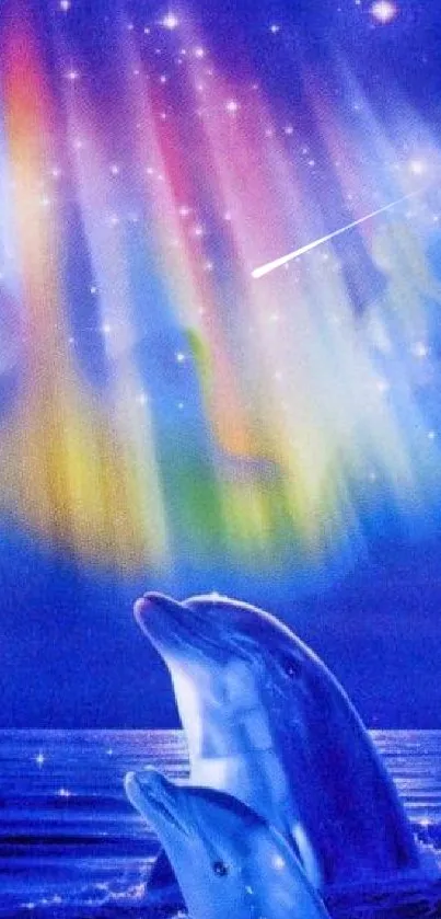 Dolphins frolic under a vibrant aurora borealis in an oceanic night scene.