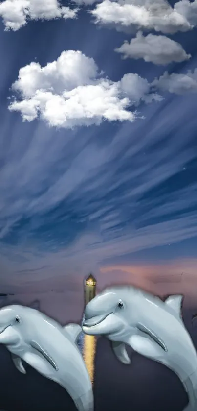 Dreamy wallpaper of dolphins under a cloudy sky.