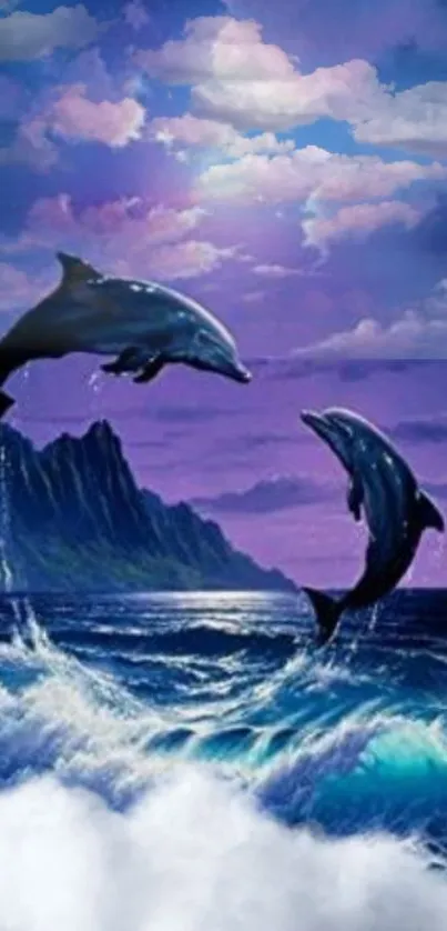 Dolphins leaping in a purple twilight ocean scene.