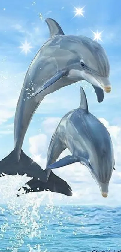 Two dolphins leap in the ocean under a sky blue background.