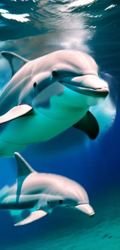 Two dolphins swim gracefully underwater, showcasing ocean beauty.