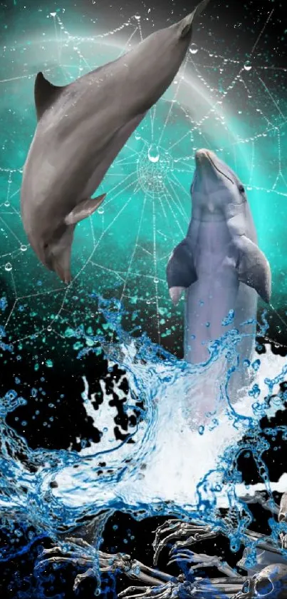 Dolphins jumping with cosmic and aquatic elements in a dreamlike scene.