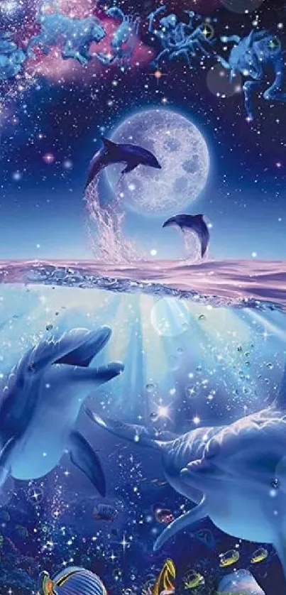 Fantasy wallpaper with dolphins and stars in a cosmic ocean scene.