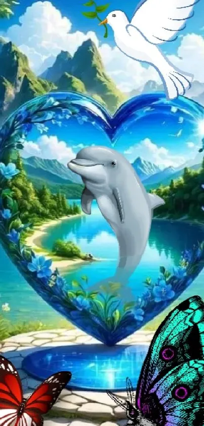 Dolphin in a heart with butterflies and a dove in a scenic landscape.