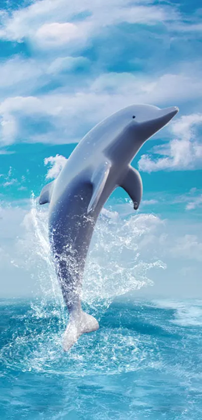 Dolphin leaping in a blue ocean with cloudy skies.