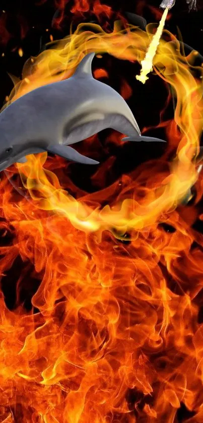 Dolphin jumping through a ring of fire with vibrant flames.