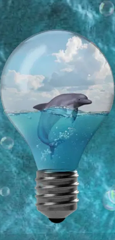 Dolphin swimming inside a light bulb with an aqua background.