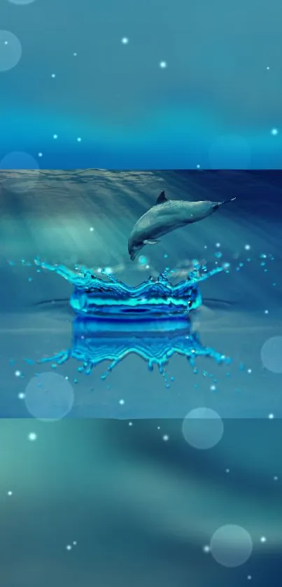 Dolphin leaping over blue ocean with bubbles in serene mobile wallpaper.