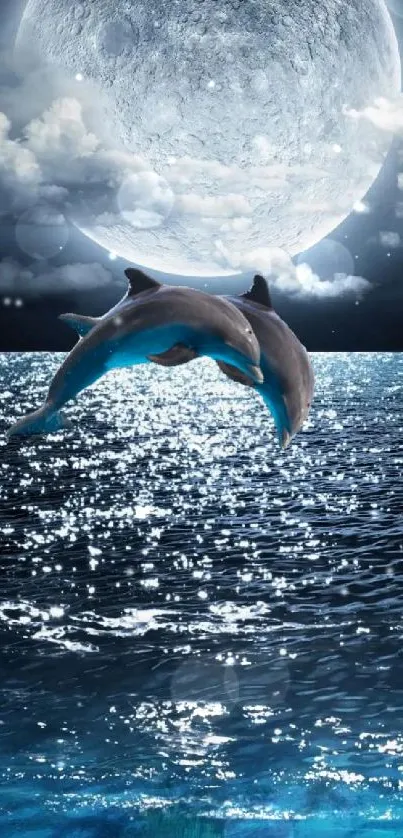 Dolphin jumping under a bright full moon over the ocean.