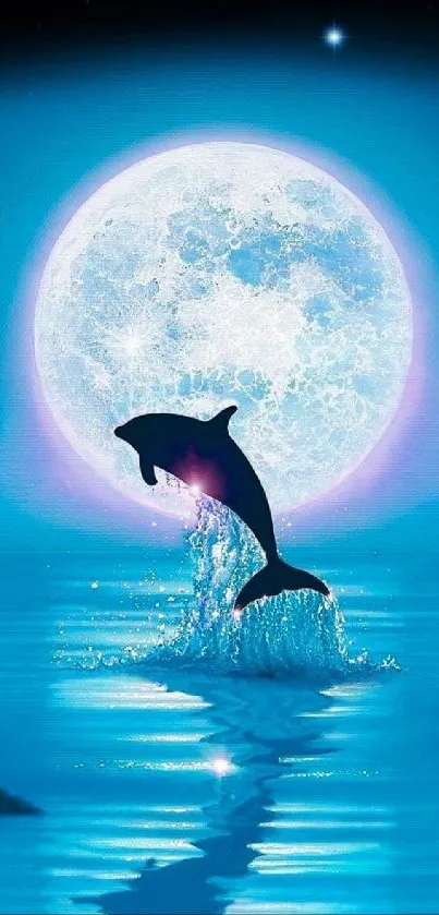 Dolphin leaping over serene moonlit water with a full moon backdrop.