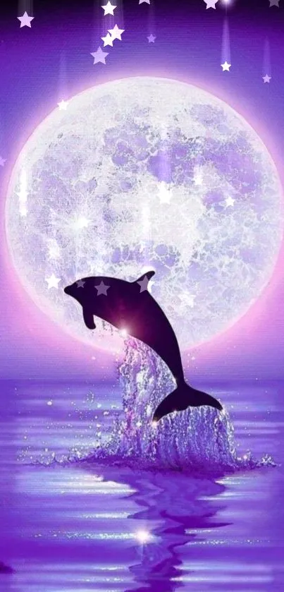 Dolphin silhouette leaps against a purple moonlit background with stars.