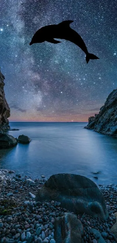 Dolphin silhouette against a starry sky over a serene ocean and rocky shore.