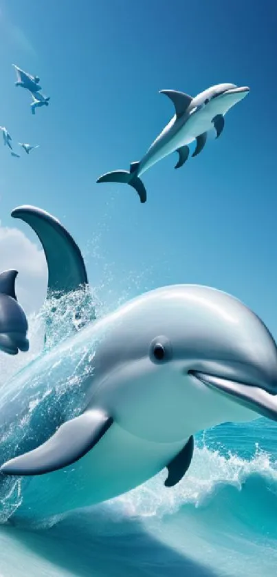 Dynamic dolphins splash through the vibrant ocean waves under a clear blue sky.