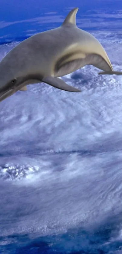 A dolphin gracefully floats above Earth’s swirling clouds in a cosmic scene.