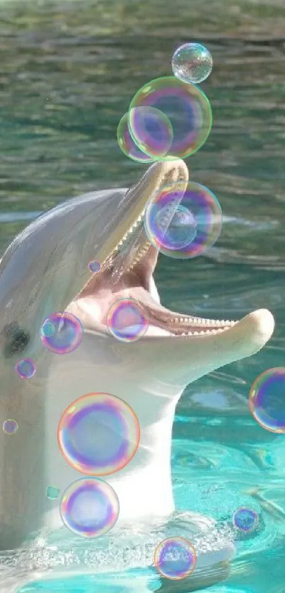 Playful dolphin in turquoise water with bubbles.