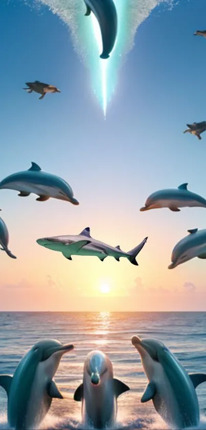 Dolphins leaping through a sunset sky, creating a fantasy scene with ocean hues.