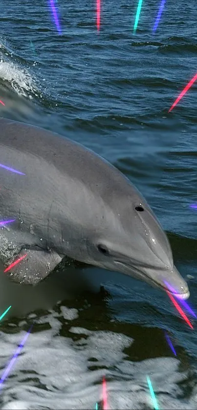 Dolphin jumping in ocean with neon lights.