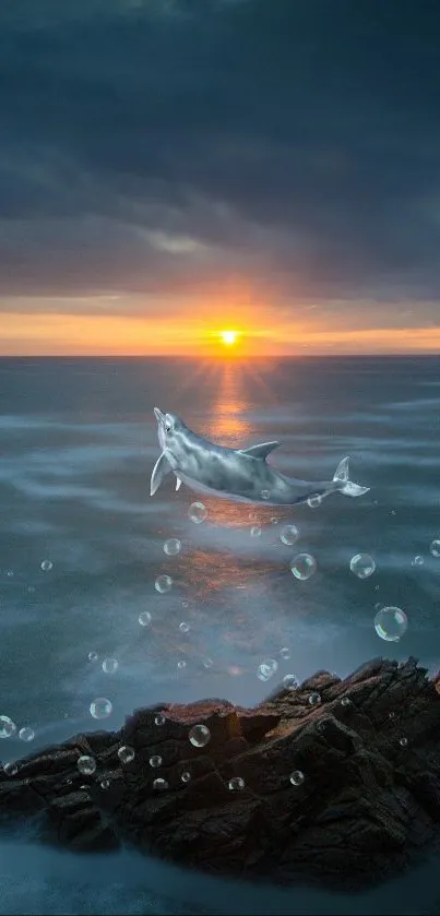 Dolphin leaping in ocean at sunrise with bubbles around rocks.