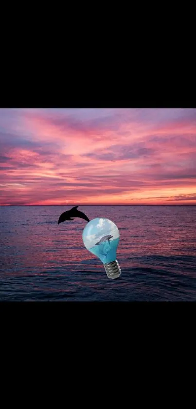 Dolphin leaping in sunset with ocean backdrop and light bulb overlay.