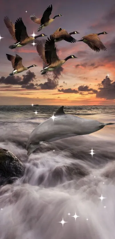 A dolphin jumps through ocean waves below birds at a vibrant sunset sky.