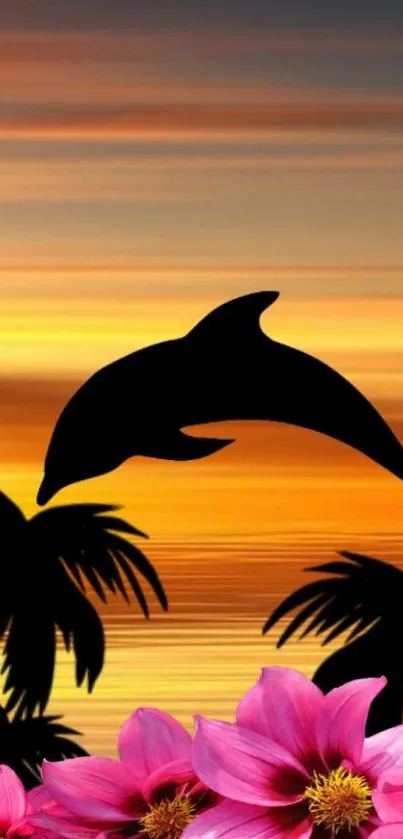 Silhouette of a dolphin at sunset with pink flowers and tropical palms.