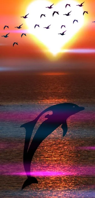 Dolphin silhouette with vibrant sunset background and birds flying.