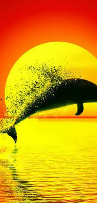 Dolphin creating splash under vibrant sunset.