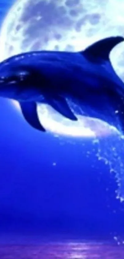 Dolphin leaping under a full moon with vibrant blue hues.