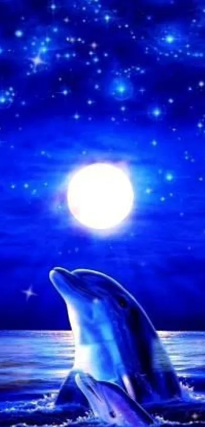 Dolphin under a starry night sky with moonlight reflection.