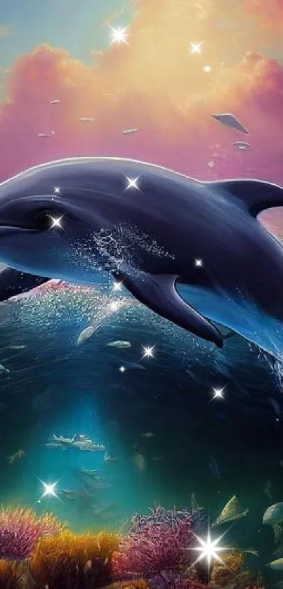 Dolphin swimming in vibrant underwater fantasy art wallpaper.