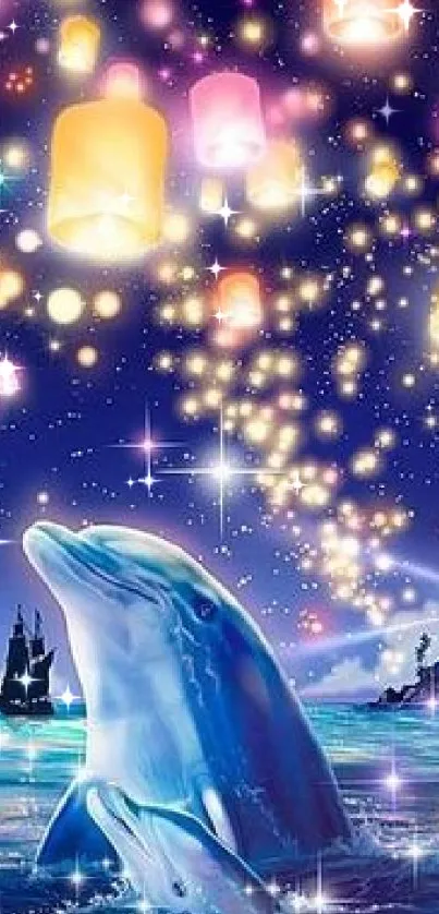 Dolphin under colorful floating lanterns in a magical night scene.