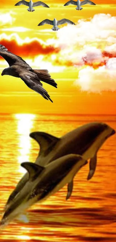 Dolphins and birds under a vibrant orange sunset.