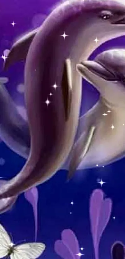 Fantasy dolphins and butterfly on purple ocean-themed wallpaper.