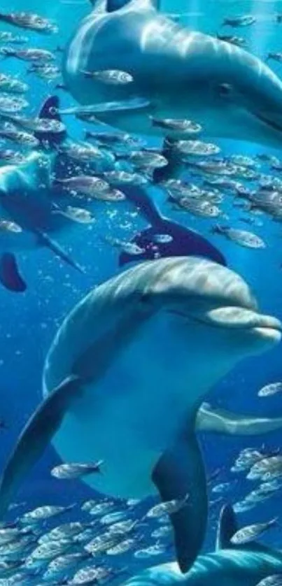 Dolphins swimming with fish in a vibrant blue ocean scene.