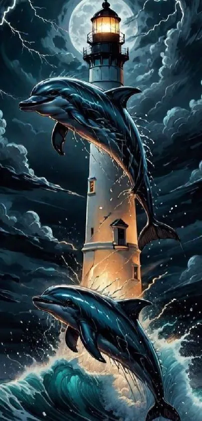 Dolphins leap beside a lighthouse under a stormy, moonlit sky.