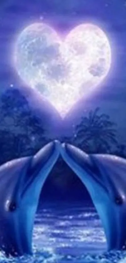 Dolphins beneath a moonlit heart in a mystical ocean scene at night.