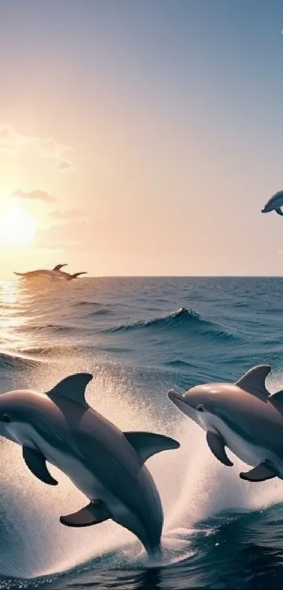 Dolphins leaping over ocean waves at sunset, serene mobile wallpaper.