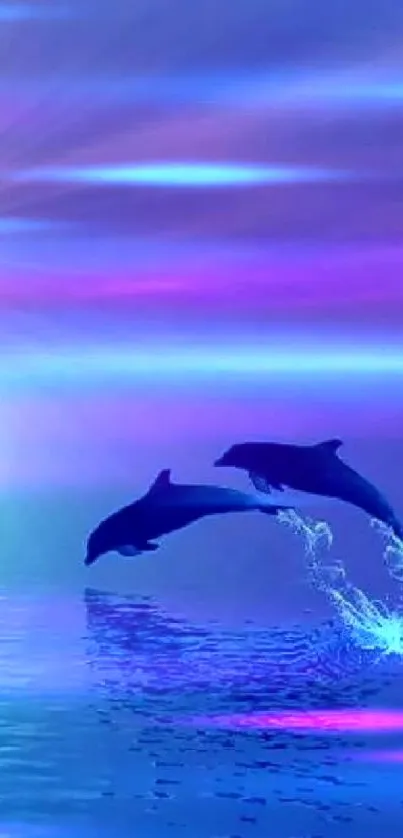 Two dolphins jumping in serene ocean during sunset with vibrant blue and purple hues.